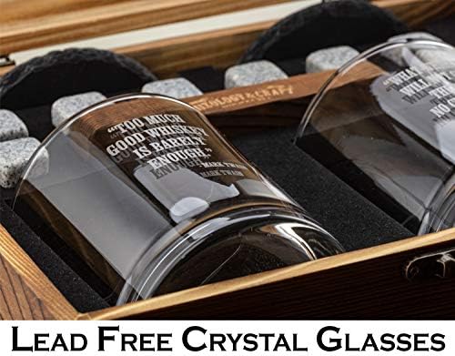 Mixology & Craft Whiskey Stones Gift Set for Men, 10 oz Whiskey Glasses w/ 8 Granite Chilling Rocks, 2 Coasters, Metal Tong & Cocktail Cards in Wooden Box - Round (Pack of 2)