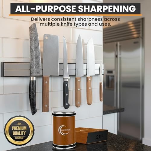 Rolling Knife Sharpener System Diamond & Ceramic Edge Honer for All Steel Types, Kitchen Blade Sharpening Tool with Dual 15/20 Magnetic Guides
