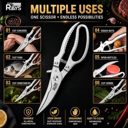 Heavy Duty Poultry Shears, Spring Loaded Kitchen Scissors for Chicken, Turkey, Meat & Fish, Stainless Steel Meat Scissors & Chicken Bone Cutter, Dishwasher Safe with Safety Lock & Gift Box