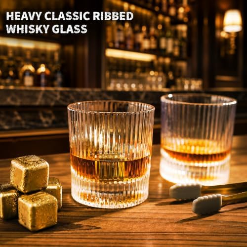 Whiskey Glass Gift Set for Men, 2 Ribbed Old Fashioned Glasses with 6 Gold-Tone Stainless Steel Whiskey Stones, Tongs, Pouch and Wooden Gift Box, Bourbon Scotch Gifts for Dad Husband
