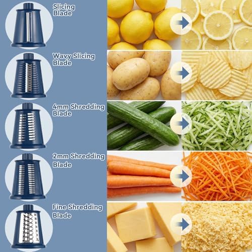 Upgrade Rotary Cheese Grater Shredder with Handle, Strong Suction Base, Multi-purpose Rotary Grater Slicer with 5 Interchangeable Blades for Ice, Vegetables, Fruit, Nuts with Blade Storage Box