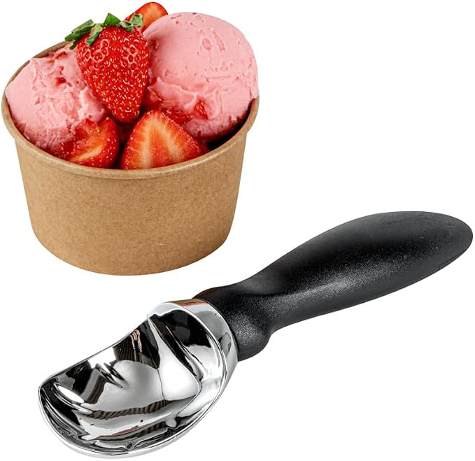 Restaurantware Comfy Grip 7.9 x 2 Inch Kitchen Ice Cream Scoop 1 Heavy-Duty Ice Cream Disher - Ergonomic PP Handle Dishwashable Black Metal Ice Cream Spade With Lid Opener Notch Multi-Use