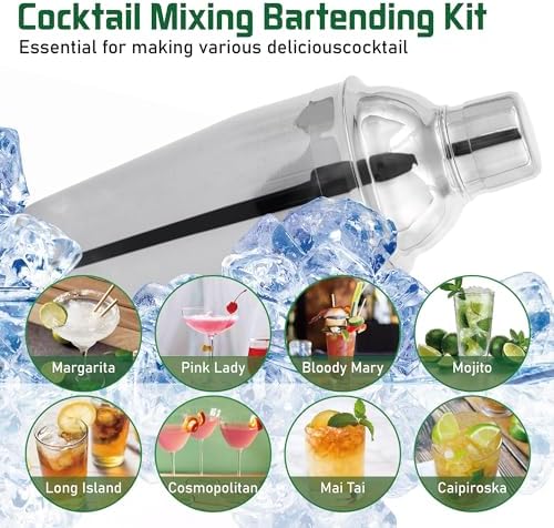 Cocktail Shaker Set Bartender Kit with Rotatble Bamboo Stand,11 Piece Bar Set Stainless Steel Bar Accessories for Drink Mixing, Bar, Home, Party (Silver)
