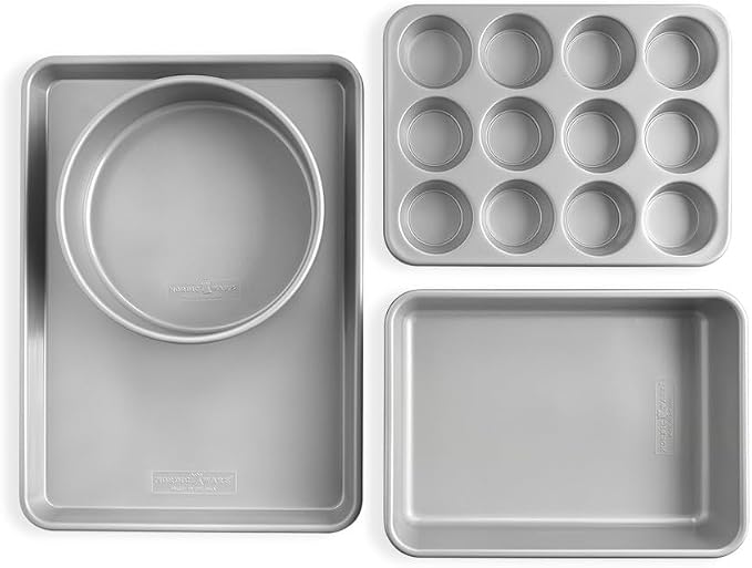 Nordic Ware Brilliant™ Colorful 4-Pc Baking Set, Nonstick made without PFAS or PTFE for safe cooking; Reinforced steel rim prevents warping; Half Sheet, 9x13 Inch Pan, 9-Inch Round Pan and Muffin Pan