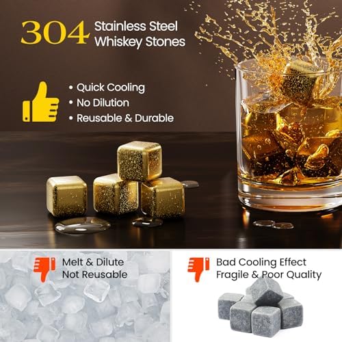 Kollea Whiskey Stones 8-Pack Stainless Steel Chilling Rocks Set, Gold