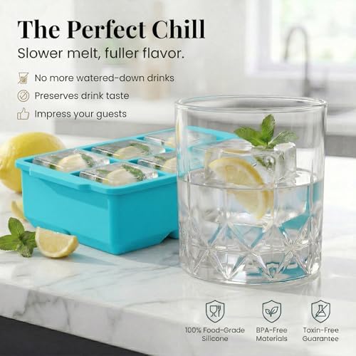 KitchFort® Large Silicone Ice Cube Tray (3-Pack) - 2" Big Ice Mold with Lid