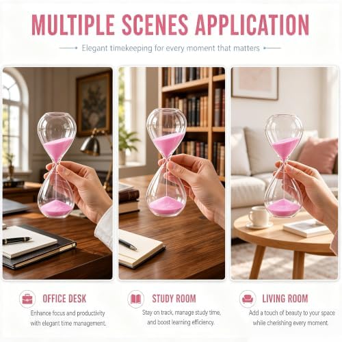 Hourglass, HoveBeaty Pink Sand Timer, 15 Minute Hand-Blown Glass