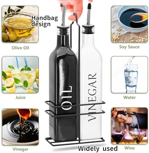 Farmhouse Oil and Vinegar Dispenser Set, 17 oz, beautiful olive oil dispenser, includes a black steel rack and a funnel, vintage cruets for vinegar and oil (Black Oil & White Vinegar)
