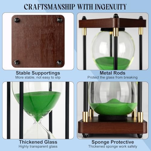 Sand Timer 60 Minutes Hourglass, Vintage Wooden Hour Glass Timer, Large Sandglass Timer Sand Clock for Games Classroom Kitchen Home Office Decor (Green Sand)