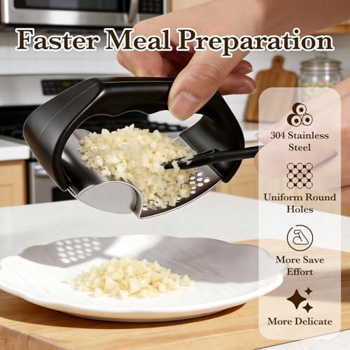 Garlic Press Rocker Stainless Steel Garlic Rocker 2-in-1 Garlic Cutter Garlic Cradle Garlic Press Rocker Kitchen Aid, Small Garlic Grater for Effortless Chopping