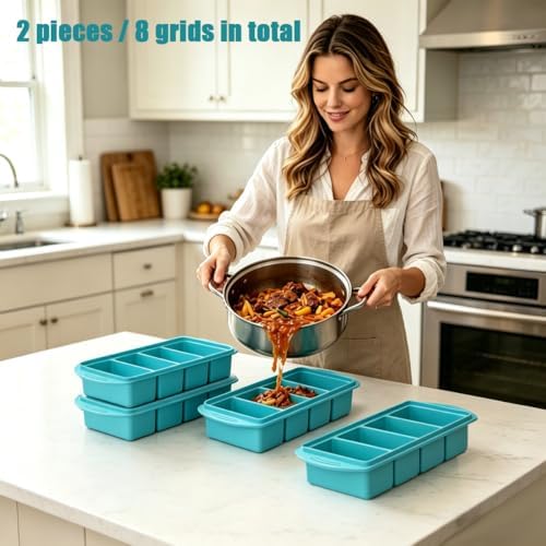 Silicone Freezer Tray with Lid 2 Pack, 1 Cup Large Ice Cube Tray, 8 Portion Soup Freezer Container, Food Freezer Storage & Meal Prep, Oven & Dishwasher Safe