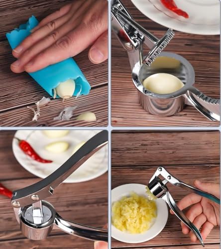Garlic Press Stainless Steel, Garlic Mincer Tool, No Need to Peel Garlic Ginger Crusher & Masher, Ginger Crusher, Easy-Squeeze Garlic Smasher
