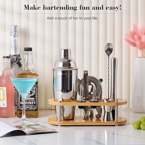 Wukuna Cocktail Shaker Bartender Kit, 11 Pcs Bar Tool Set with Bamboo Stand