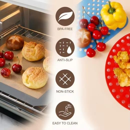 3-Piece Silicone Baking Mat Set, Non-Stick Reusable Air Fryer Liners and Oven Sheets, Heat Resistant, BPA-Free, Easy to Clean.