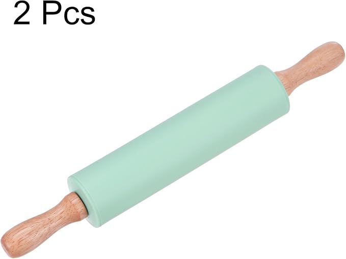 HARFINGTON 2pcs Silicone Rolling Pins for Baking 12.2 Inch Non-Stick Silicone Surface Wooden Handle Rolling Pin Small Roller Playdough Rolling Pins for Fondant Kitchen Dough Pizza, Green