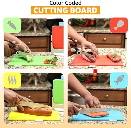 Cutting Board Set 12"L x 9"W: 4-Piece Color-Coded, Non-Slip, BPA-Free, Perfect kitchen essentials for new home, Dishwasher Safe with Premium Scissors & Chopping Board Organizer, Quality kitchen stuff.