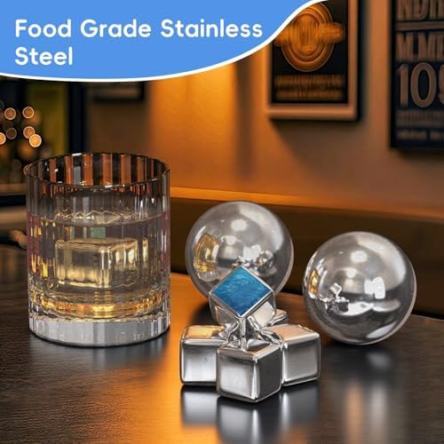 Whiskey Stones Set - Reusable Stainless Steel Ice Cubes & Balls