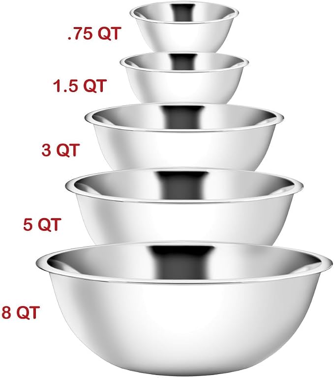 YBM HOME Stainless Steel Mixing Bowls Set of 5 – Nested Kitchen Prep Bowls for Baking, Cooking, Dough Mixing & Salad Serving (0.75, 1.5, 3, 5, 8 Quart Bowls Included)