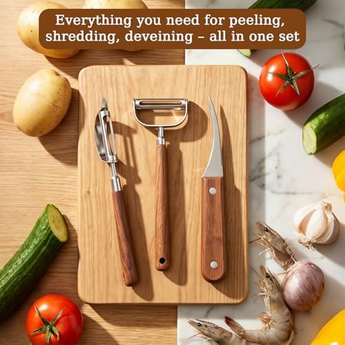 Multifunctional Vegetable Peeler for Kitchen, with Straight & Y Peeler & Shrimp Deveiner, Stainless Steel Blade with Wooden Handle, for Vegetable Fruit Carrots Potato Cucumbers