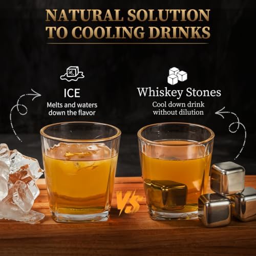 SAMEBUTECO Whiskey Stones with Holder Set,8-Piece Stainless Steel Reusabl Rocks 1 Tray & 1Tongs – Non-Diluting Chiller for Scotch & Bourbon,Gift for Whiskey Lover