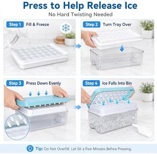 Compact Ice Tray with Scoop & Bin – 32-Cube Single Layer Mold with Lid – Patented Press-Release Design US D1,006,068, BPA-Free, No-Spill, Easy Storage – Ideal for RV, Dorm, Small Freezers