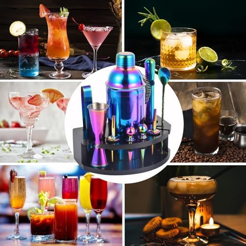Safring Bartender Kit with Stand, 12-Piece Bar Set | 24oz Cocktail Shaker Set for Drink Mixing, Martini Shaker Set with Bar Tools, Recipes Booklet | Fun Housewarming Gift (Rainbow)