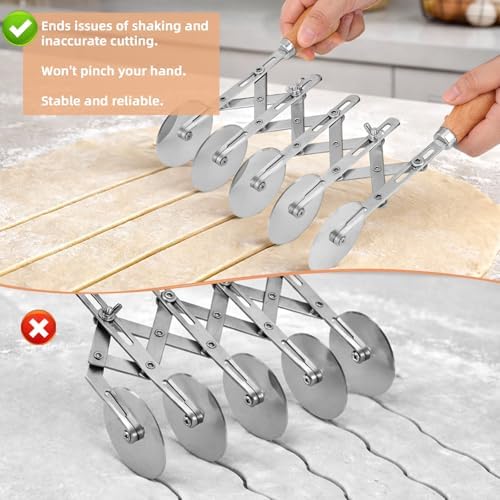 5-Wheel Pastry Cutter, Stainless Steel Dough Divider with Wooden Handle Adjustable Heavy Duty Pastry Wheel Multi-Use Kitchen Utensil for Pizza Pies Pasta Waffles Dough Brownies Lattice