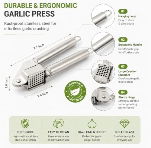 Garlic Press Stainless Steel Heavy Duty | Ergonomic Easy-Press Garlic Mincer for Arthritis & Weak Hands | Easy to Clean, Dishwasher Safe Manual Garlic Crusher for Home Kitchen