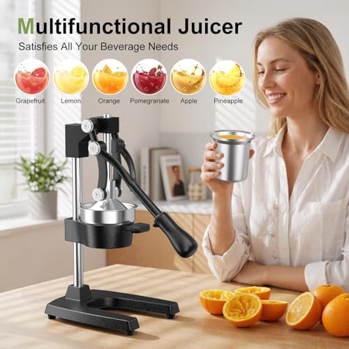 Manual Cast Iron Juicer, Commercial Hand Juicer Squeezer with Stainless Steel Cup Heavy-Duty Manual Juicer Hand Press Countertop Citrus Juice Press for Orange, Lemon, Pomegranate, Grapefruit