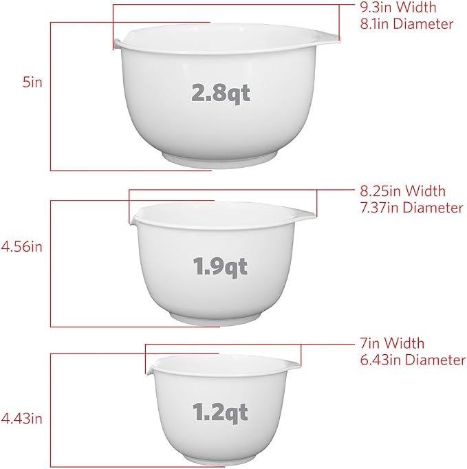 Glad Mixing Bowls with Pour Spout, Set of 3 | Nesting Design Saves Space | Non-Slip, BPA Free, Dishwasher Safe Plastic | Kitchen Cooking and Baking Supplies, White