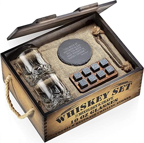 Mixology & Craft Whiskey Gift Set, Whiskey Glass Set with Rustic Wooden Crate, 8 Granite Whiskey Rocks Chilling Stones, 10oz Crystal Glasses | Great Holiday, Secret Santa or White Elephant Gift
