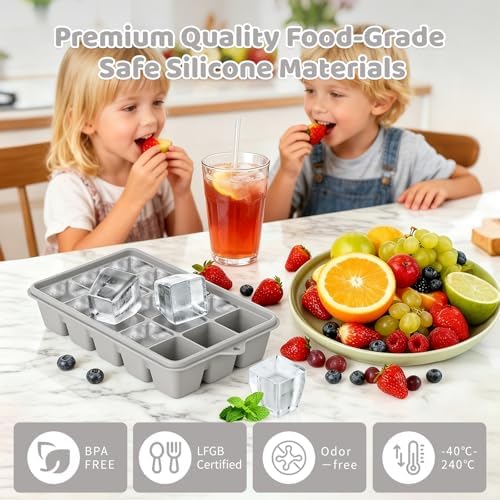 Silicone Ice Cube Trays, Easy Release Ice Cube Molds with Removable Lid, Freezer Stackable Ice Trays for Whiskey, Cocktail, Drinks and Food, Freezer, BPA Free