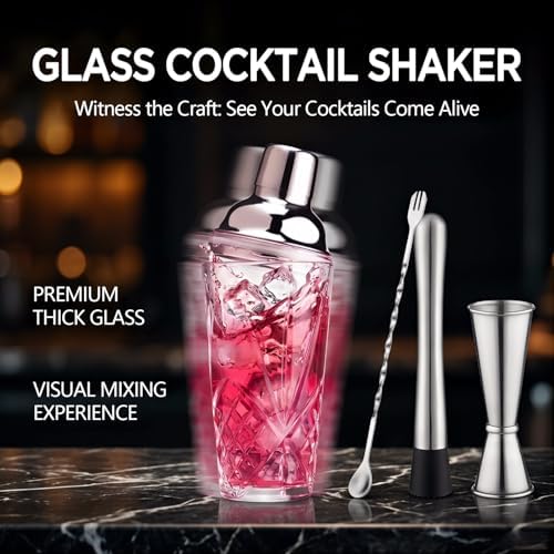 Cocktail Shaker Set with Jigger, Glass Shaker with Strainer