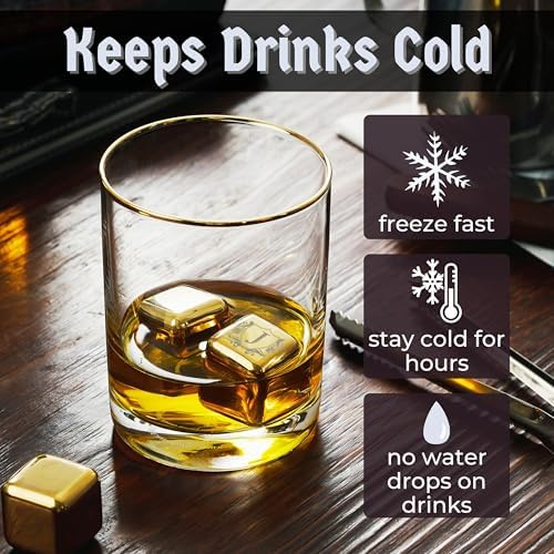 Onebttl Whiskey Stones Golden with Initial - 4pcs Stainless Steel Ice Rocks, Unique Gift for Men Women, Perfect for Whisky Lovers for Christmas, Birthday,L