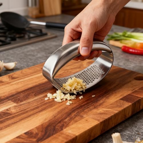 Garlic Press Rocker - Stainless Steel Portable Garlic Crusher, Ergonomic Ginger Grinder | Manual Mincing Tool for Food Prep, Home, Restaurant, Cooking, Party, Bbq, Picnic, Camping, Daily Use