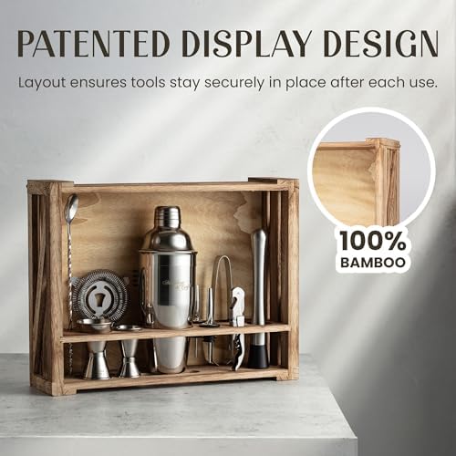 Mixology & Craft Rustic Cocktail Shaker Set – Includes Wood Stand, Complete Barware Kit with 24 Oz Shaker, Dual Jiggers, Pourers, Muddler, Strainer – Perfect for Home Bartenders (Silver)