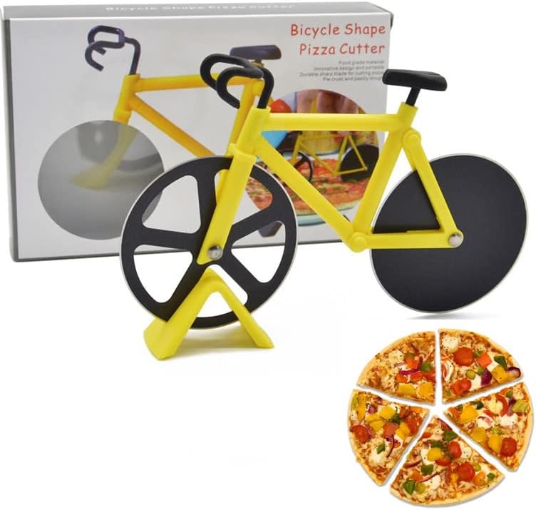 Bicycle Pizza Cutter Wheel Non-stick Dual Cutting Wheels Stainless Steel Bike Pizza Slicer with a Stand for Pizza Lovers Kitchen Gadget?Yellow?