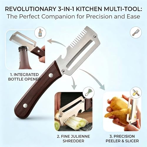 3 in 1 Multifunctional Vegetable Peeler with Julienne & Bottle Opener, German High-Carbon Stainless Steel Blade, Ergonomic Non-Slip Wooden Handle, Handheld Peeler Slicer for Fruits & Vegetables (2Pcs)