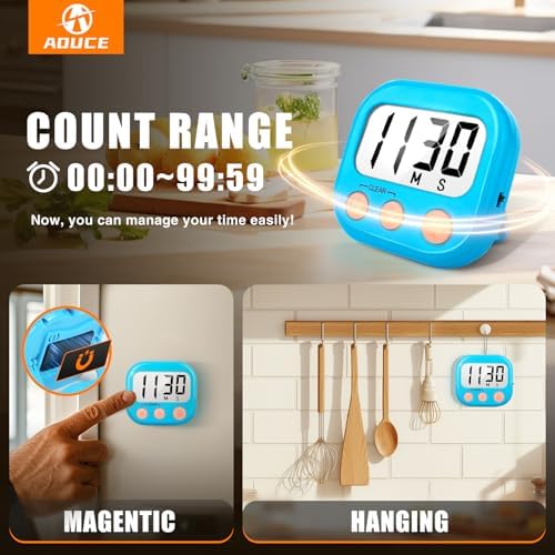 AOUCE Digital Kitchen Timers for Cooking, Timer for Kids 6 Pack Blue