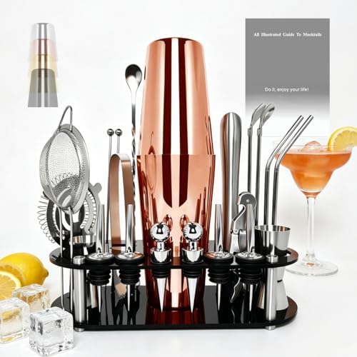 22-Piece Cocktail Shaker Set, 25/20oz Bartender Kit, Bartending Stainless Steel Bar Tools Sets for Drink Mixing, Boston Cocktail Shakers with Stand Recipes Booklet (Rose Gold-25-20oz)
