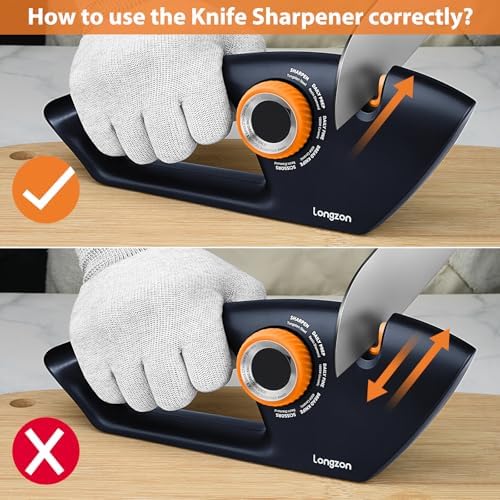 Longzon 6-in-1 Knife Sharpener 5 Stage with Cut-Resistant Glove,Navy+Orange
