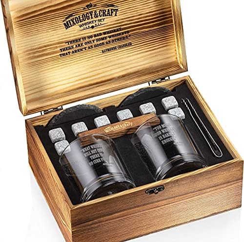 Mixology & Craft Whiskey Stones Gift Set for Men, 10 oz Whiskey Glasses w/ 8 Granite Chilling Rocks, 2 Coasters, Metal Tong & Cocktail Cards in Wooden Box - Round (Pack of 2)
