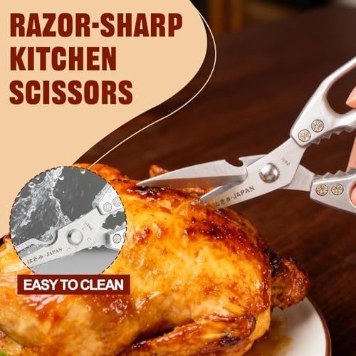 Kitchen Scissors, Heavy Duty Stainless Steel Kitchen Shears, Sharp Silver Meat Scissor, All-Purpose Poultry Scissors, Japanese-Style Cooking Shears for Turkey, Chicken, Thanksgiving, Christmas