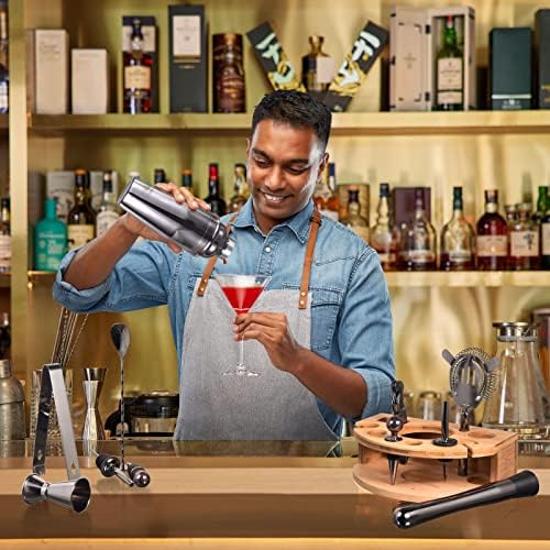 Bartender Kit with Stylish Bamboo Stand, 12 Piece 25oz Cocktail Shaker Set for Mixed Drink, Professional Stainless Steel Bar Tool Set, Gift for Man Dad- Cocktail Recipes Booklet (Grey)