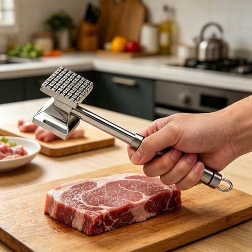 Meat Tenderizer Hammer, Stainless Steel Handle & Aluminum Alloy Double-Sided, 2-in-1 Steak Tenderizer, Food-Grade One-Piece Seamless, 250g Heavy Duty for Pounding Garlic, Cucumber, Nuts, Shellfish