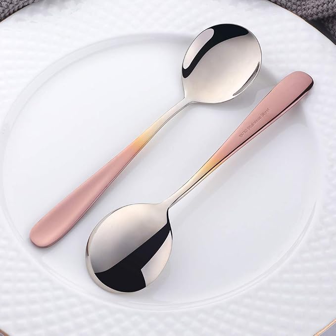 Buyer Star Bouillon Spoon Sets, 7-Inch Round Soup Spoons, Stainless Steel Finished Table Dinner Spoons (Gradient Rose Gold)