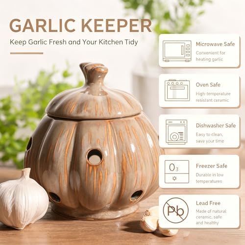 Ceramic Garlic Keeper Storage Holder Jar with Lid, Kitchen Countertop Large Garlic Canister Cellar Saver Holder Crock Container. (Beige)