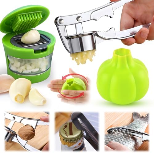 Manual Garlic Press Kitchen Large Garlic Peeler Garlic Muddler Household Garlic Pounder Garlic Press Garlic Peeler for Fine and Coarse Mince Garlic Press,Garlic Mincer, Garlic Crusher (SET D)