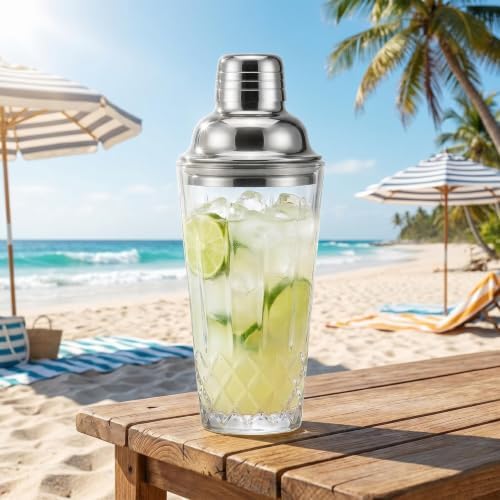 Cut Crystal Glass Cocktail Shaker - 15oz Lead-Free Crystal Shaker with Steel Strainer Lid - Premium Barware for Home Bartenders - Ideal for Mocktail, Espresso, Margarita, Martini Cocktails