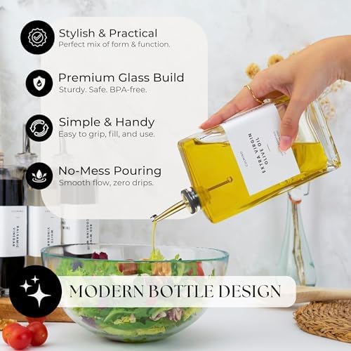 Premium Glass Olive Oil Dispenser Bottle 350ml | Cooking Oil and Vinegar Dispenser | Oil Dispenser for Kitchen with Gold Pourers, Funnel, Brush & 36 Labels (6 Pack)